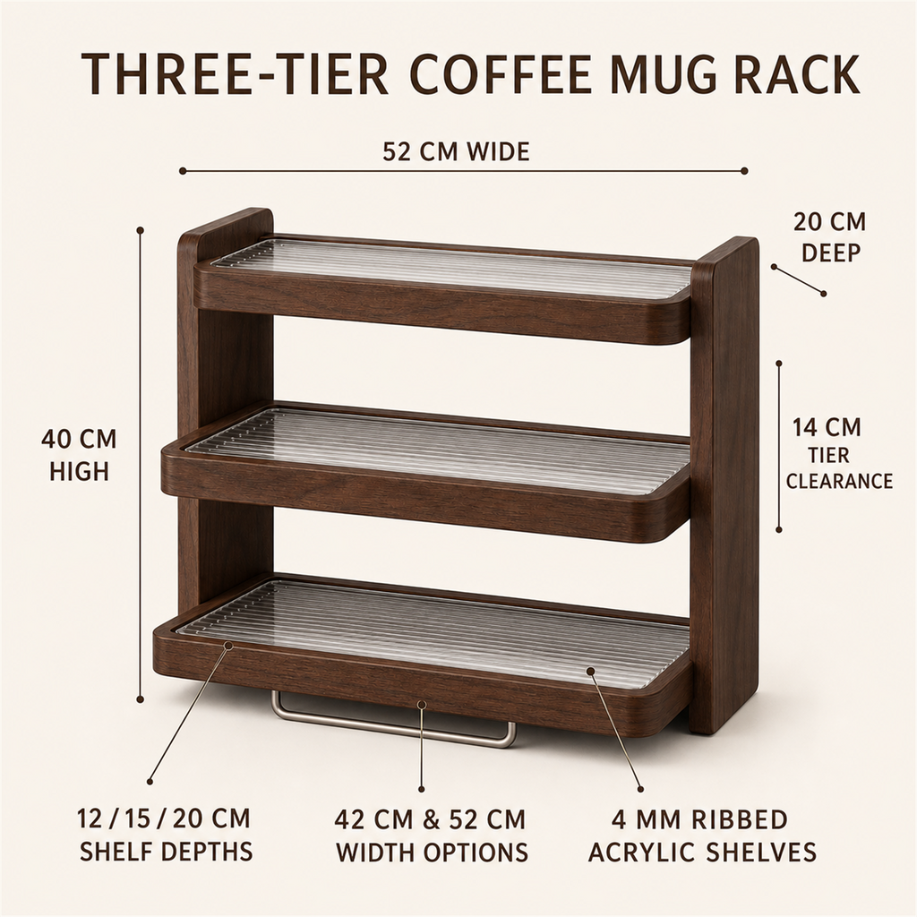 Three-tier coffee mug rack dimensions and shelf features