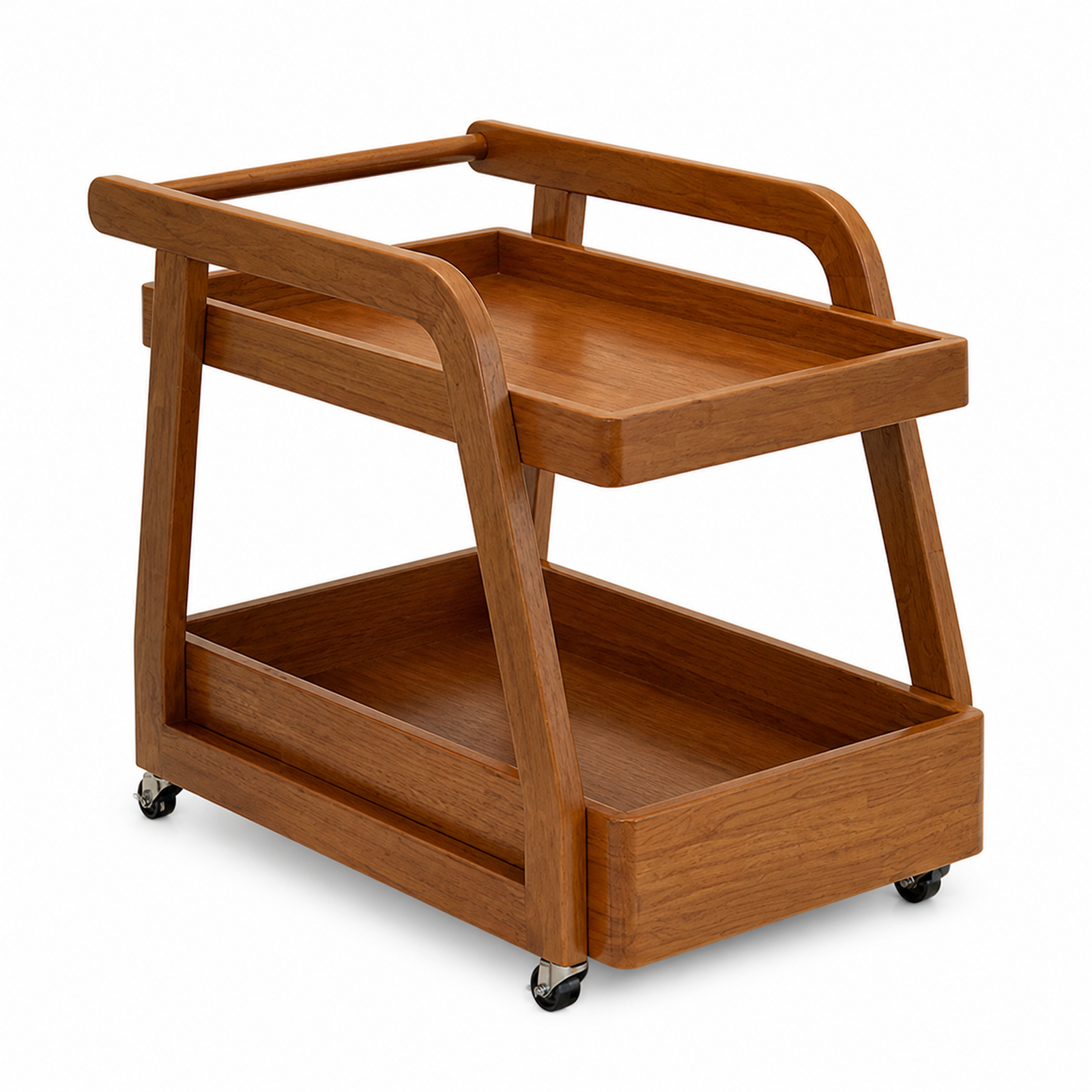 Solid rubberwood two-tier rolling coffee bar cart on white background