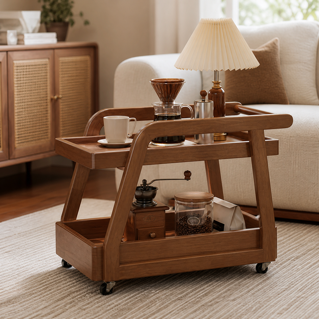 Solid rubberwood rolling coffee bar cart styled beside a sofa