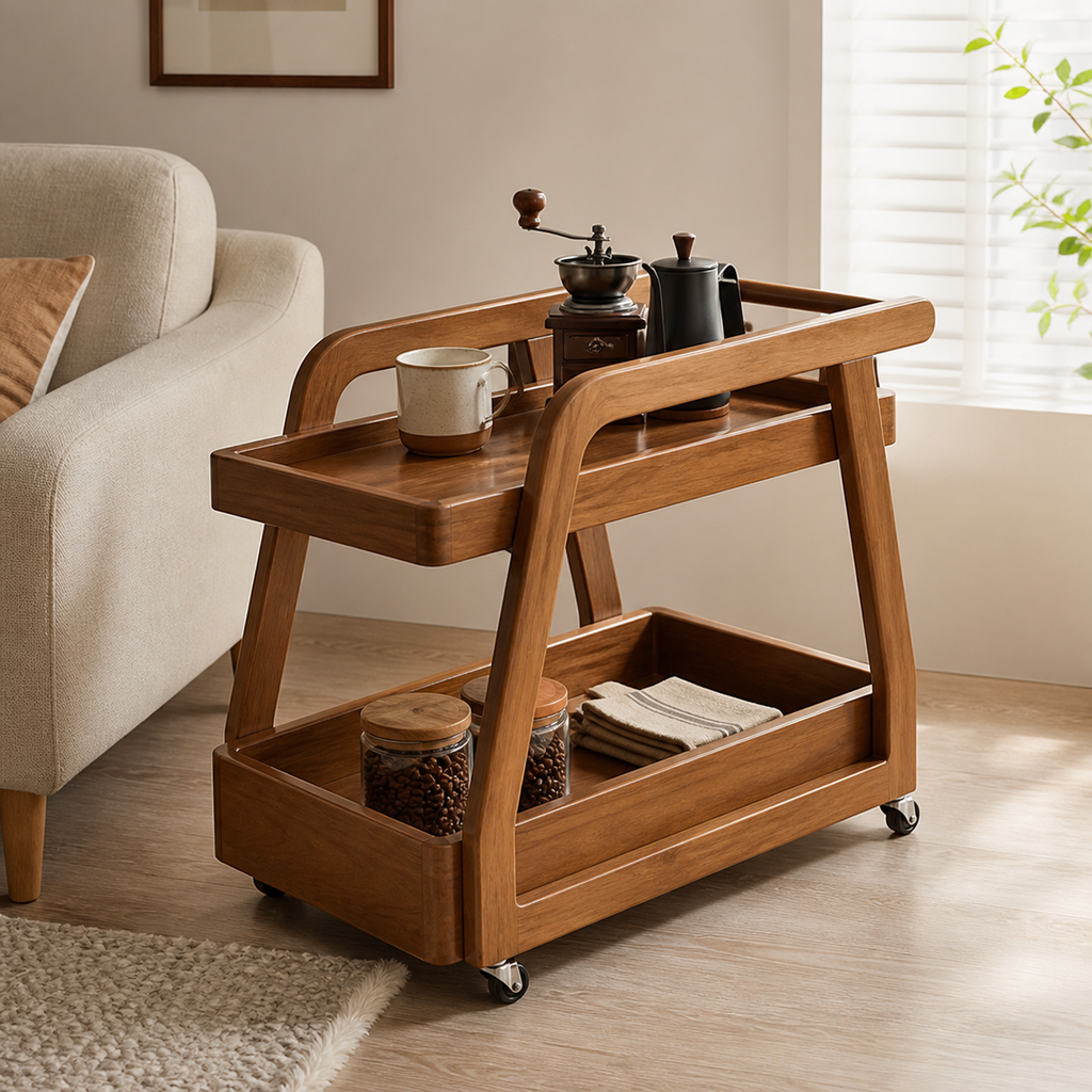 Two-tier rubberwood coffee cart in a compact coffee corner