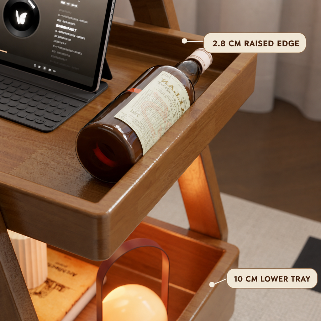 Raised tray edges on solid rubberwood coffee cart