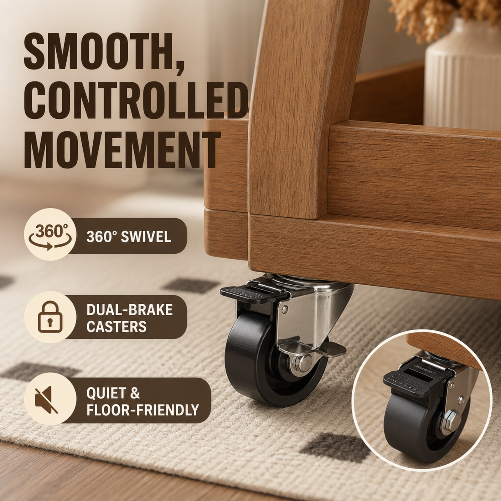 Quiet dual-brake swivel caster detail on rolling coffee cart