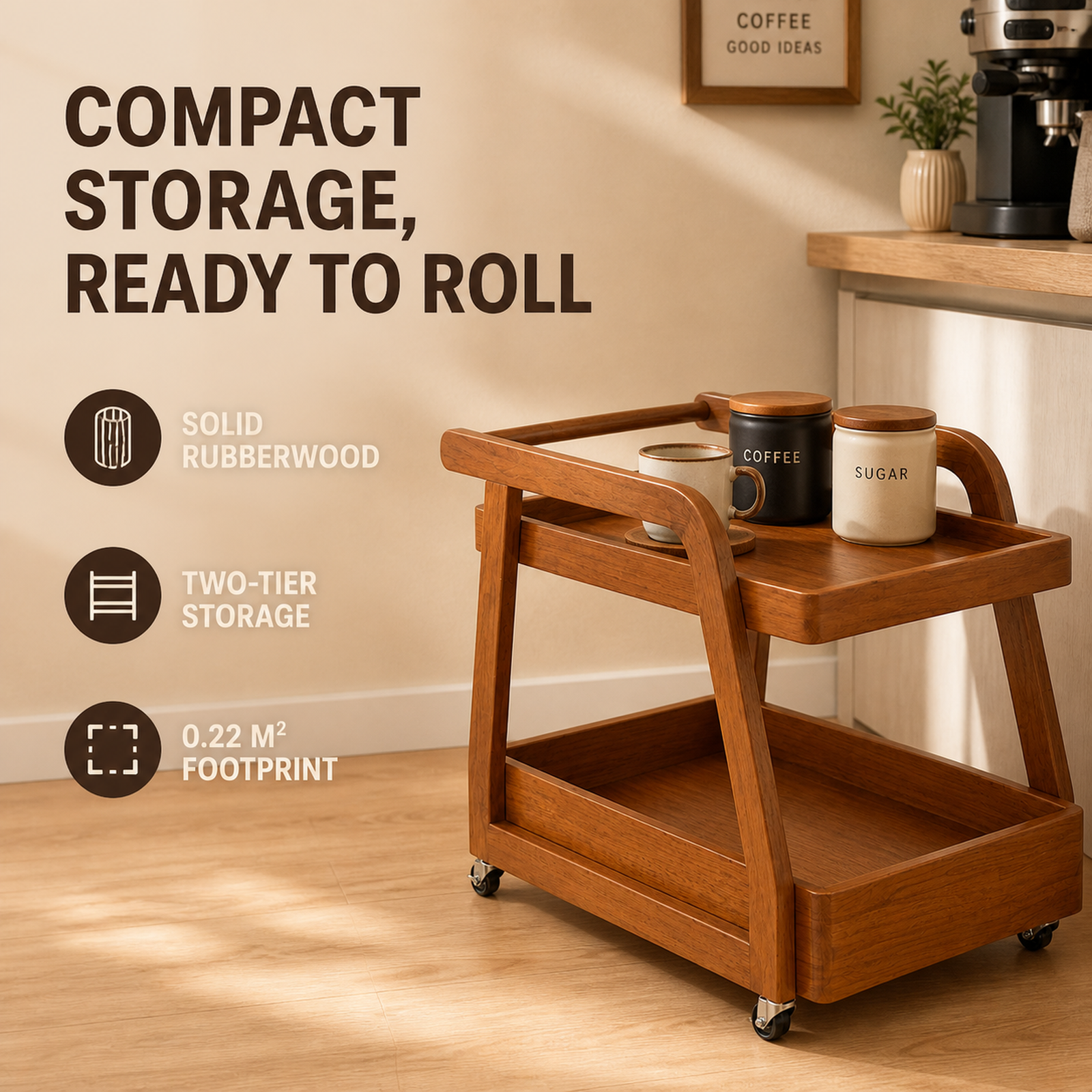 Solid rubberwood two-tier coffee cart storage features