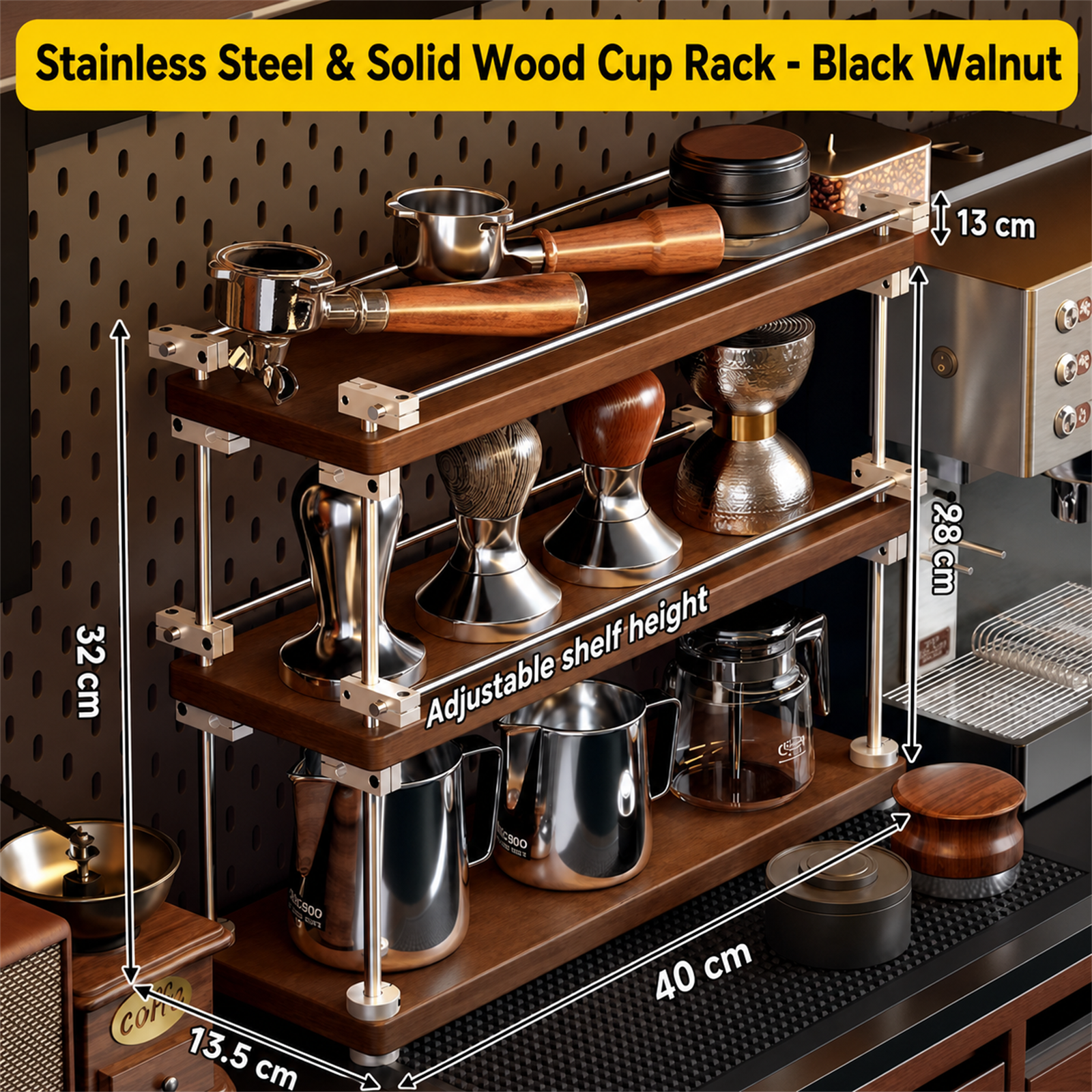 3-tier BARISTANEST solid wood coffee corner shelf size guide