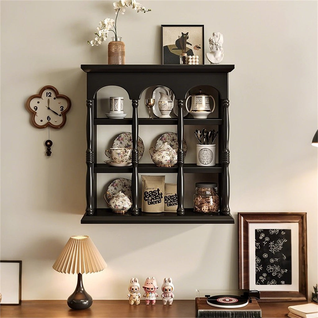 Wall-mounted coffee bar organizer display shelf in black finish
