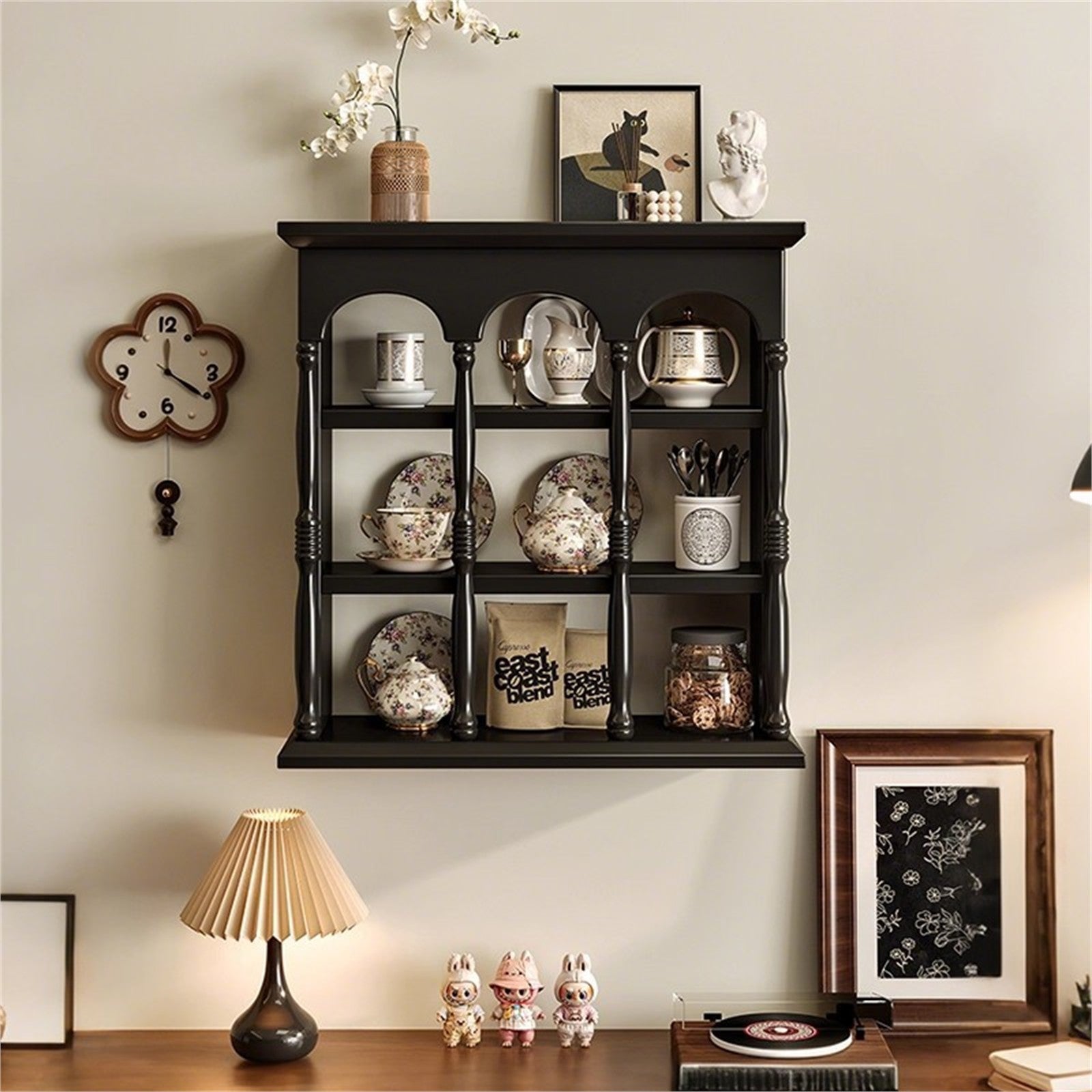 Wall-mounted coffee bar organizer display shelf in black finish