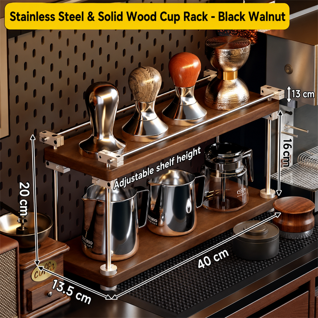 2-tier BARISTANEST solid wood coffee corner shelf size guide