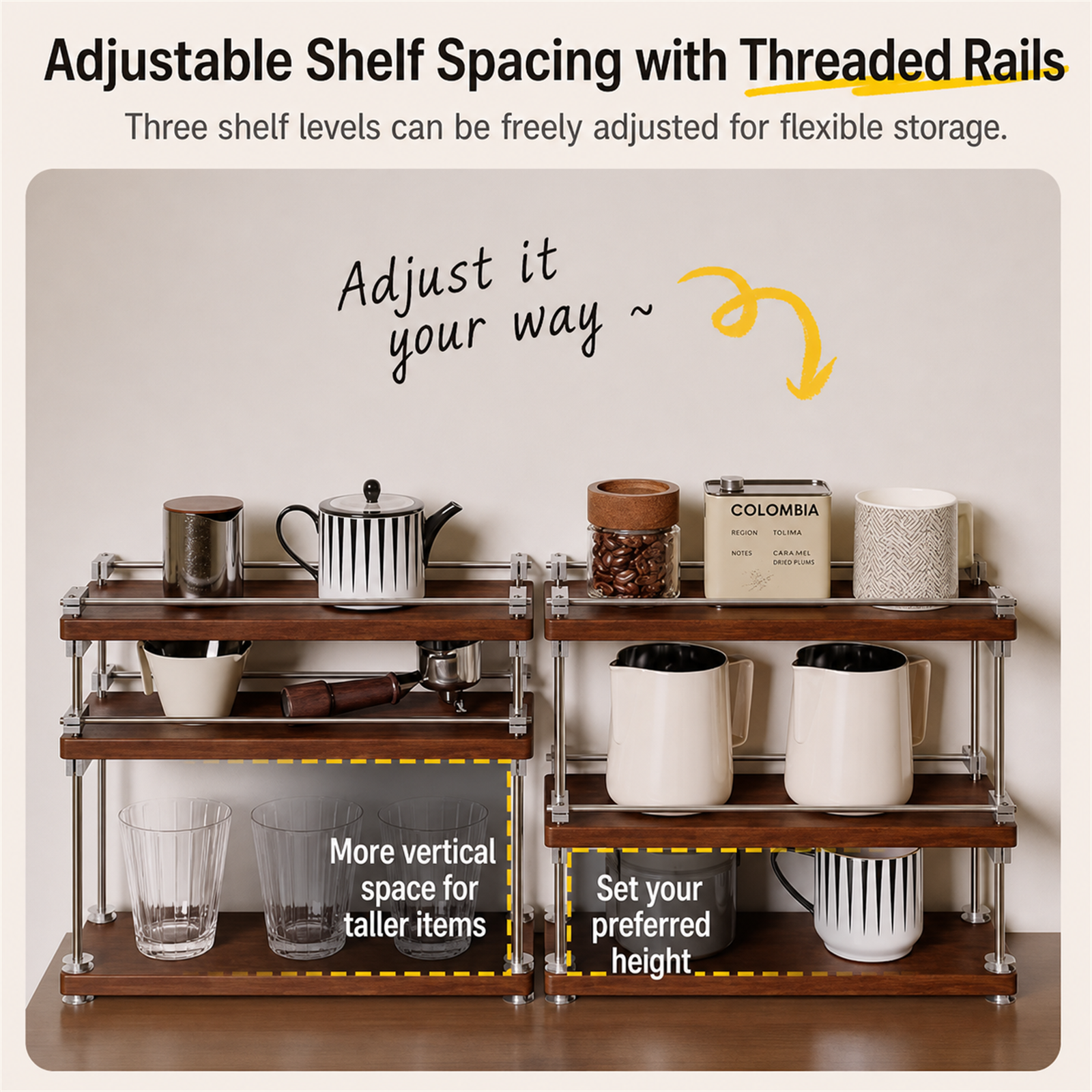 Adjustable shelf spacing for BARISTANEST coffee corner shelf