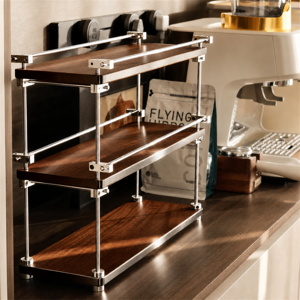 BARISTANEST solid wood coffee corner storage shelf in black walnut finish