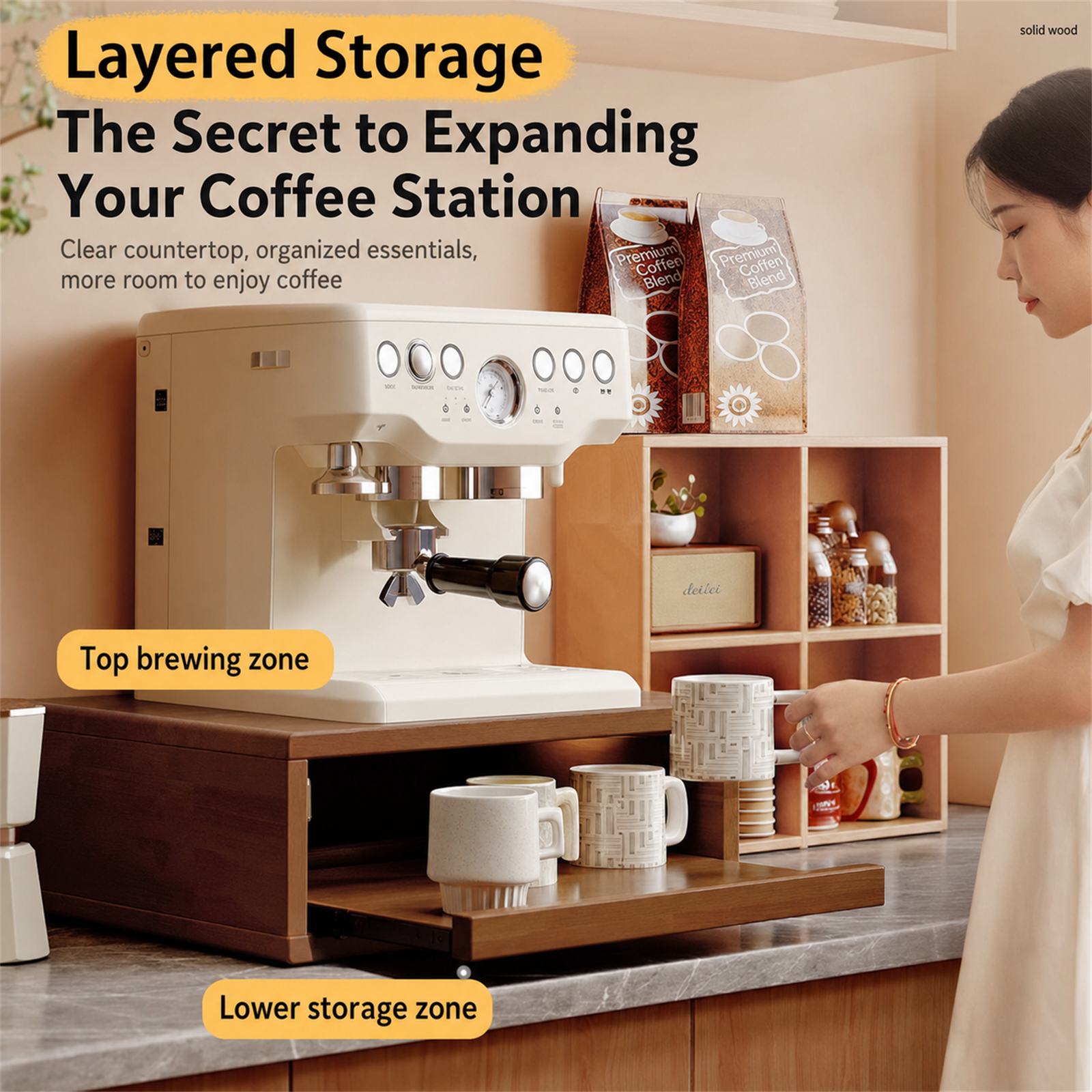 Layered storage feature for BARISTANEST coffee machine stand