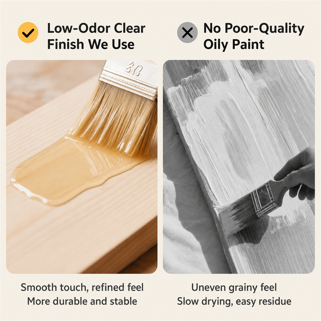 Low-odor clear finish comparison for BARISTANEST rubber wood stand