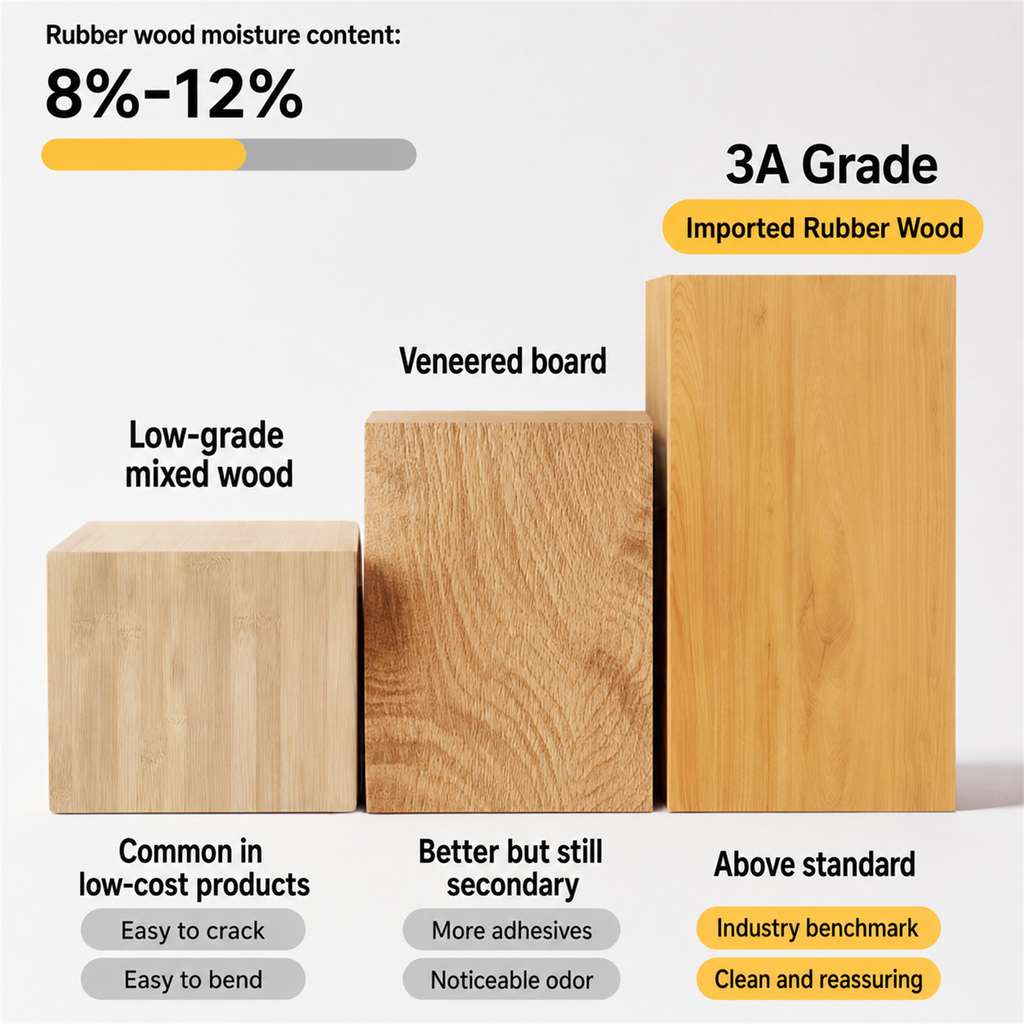 Rubber wood moisture content and material quality for BARISTANEST stand