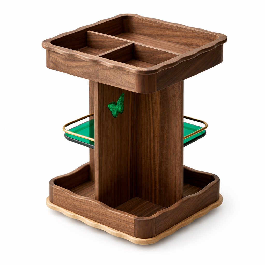 Solid walnut rotating coffee organizer shelf with green side shelves on a white background