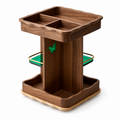 Solid walnut rotating coffee organizer shelf with green side shelves on a white background
