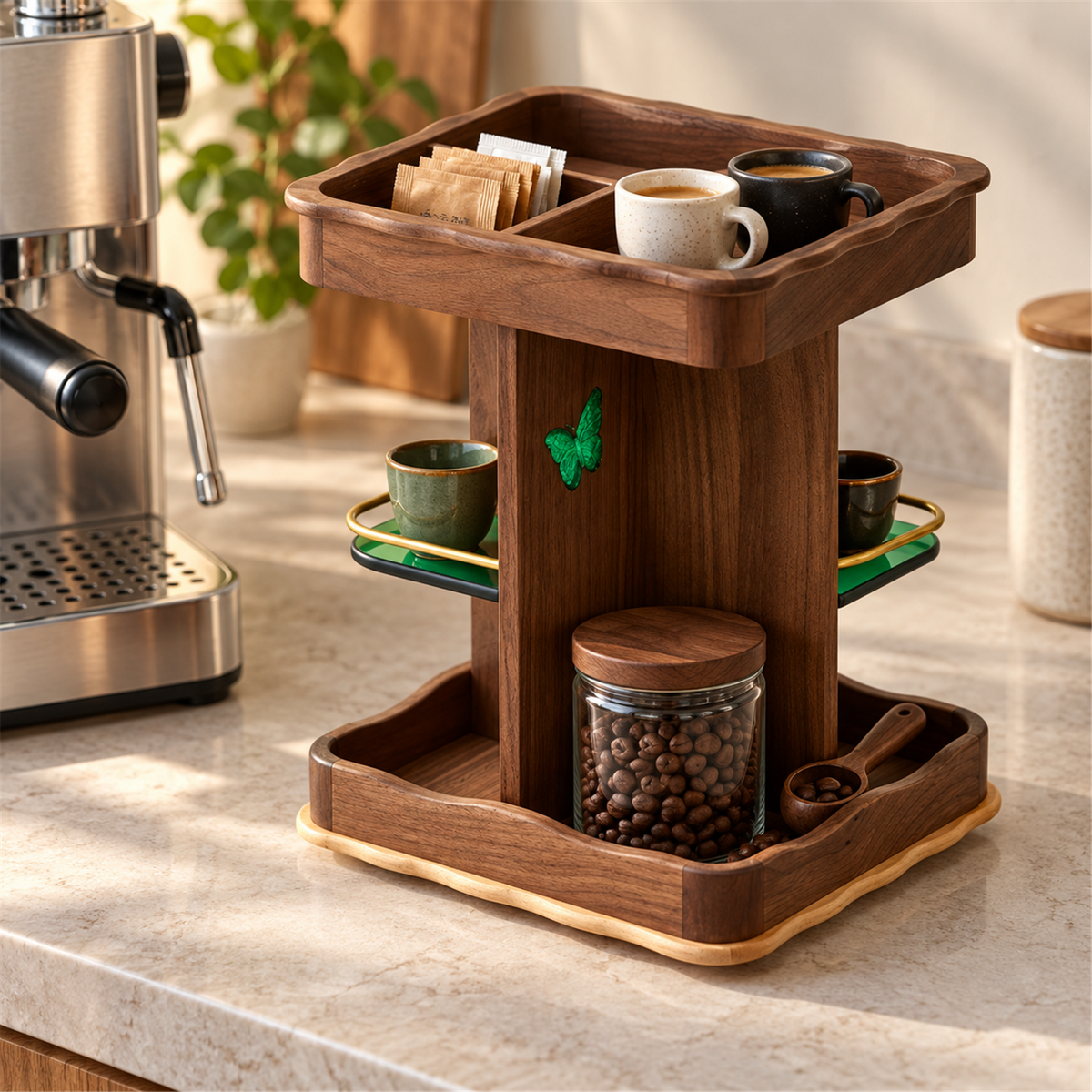 Walnut rotating organizer holding espresso cups and coffee accessories beside a coffee machine