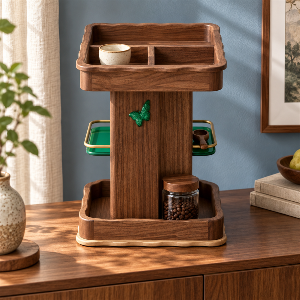 Front view of the walnut coffee organizer on a dining sideboard