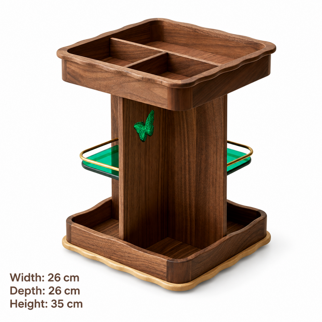 Walnut rotating coffee organizer dimensions: 26 cm wide, 26 cm deep and 35 cm high