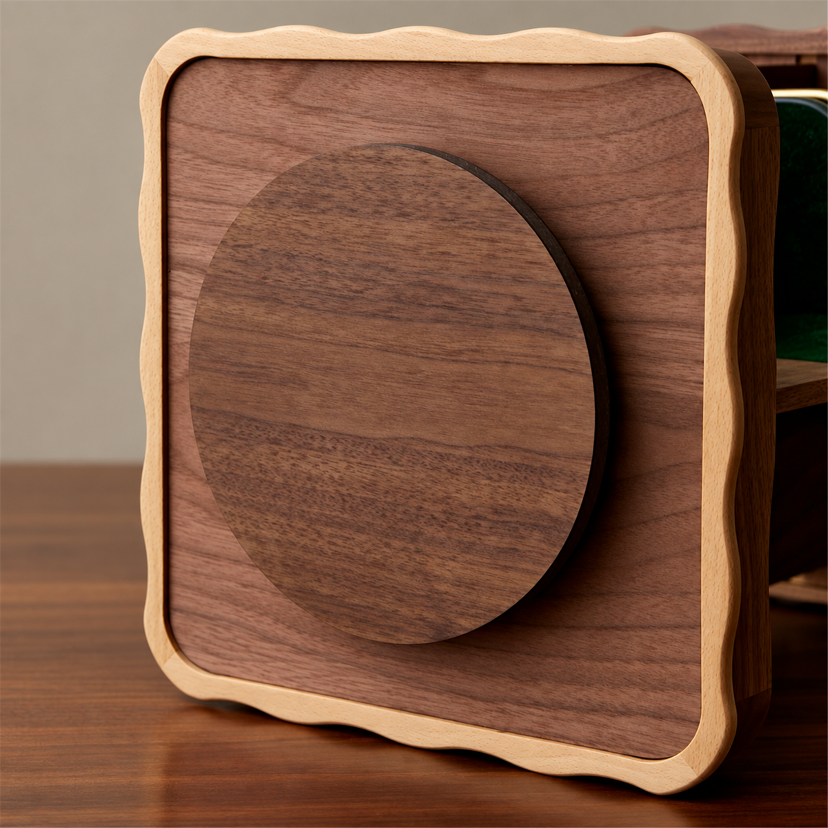 Underside detail of the circular wooden rotating base