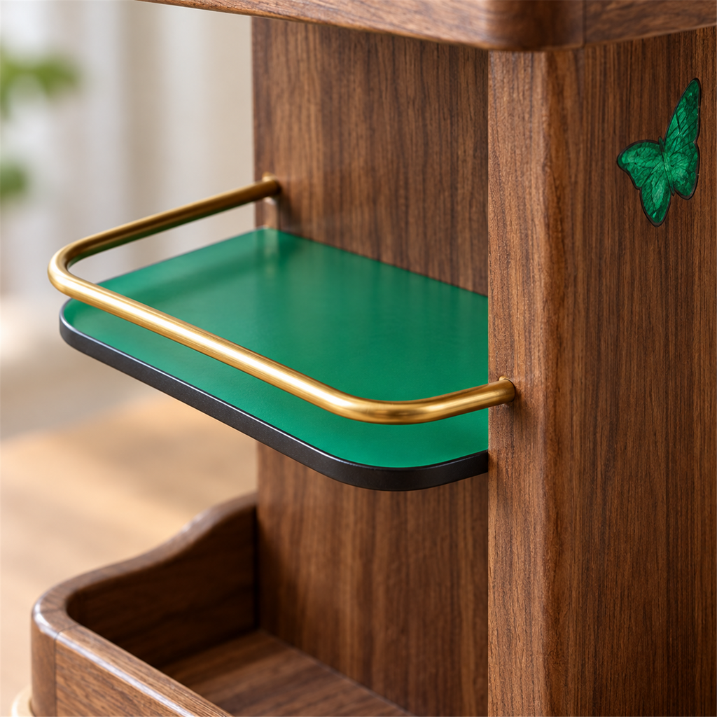 Close-up of the flat green side shelf, gold-tone guardrail and walnut panel
