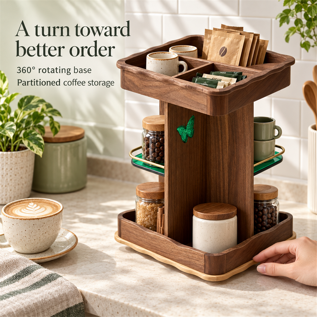 Coffee storage scene highlighting the 360-degree rotating base and partitioned storage
