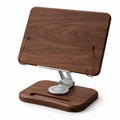 Solid walnut adjustable coffee recipe book stand on a white background