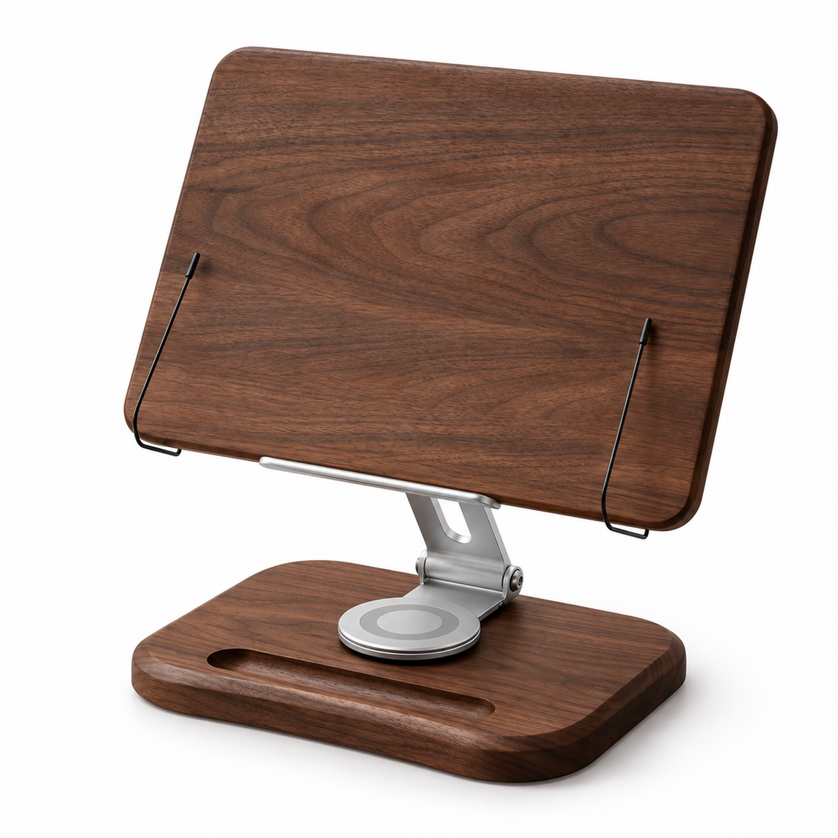 Solid walnut adjustable coffee recipe book stand on a white background