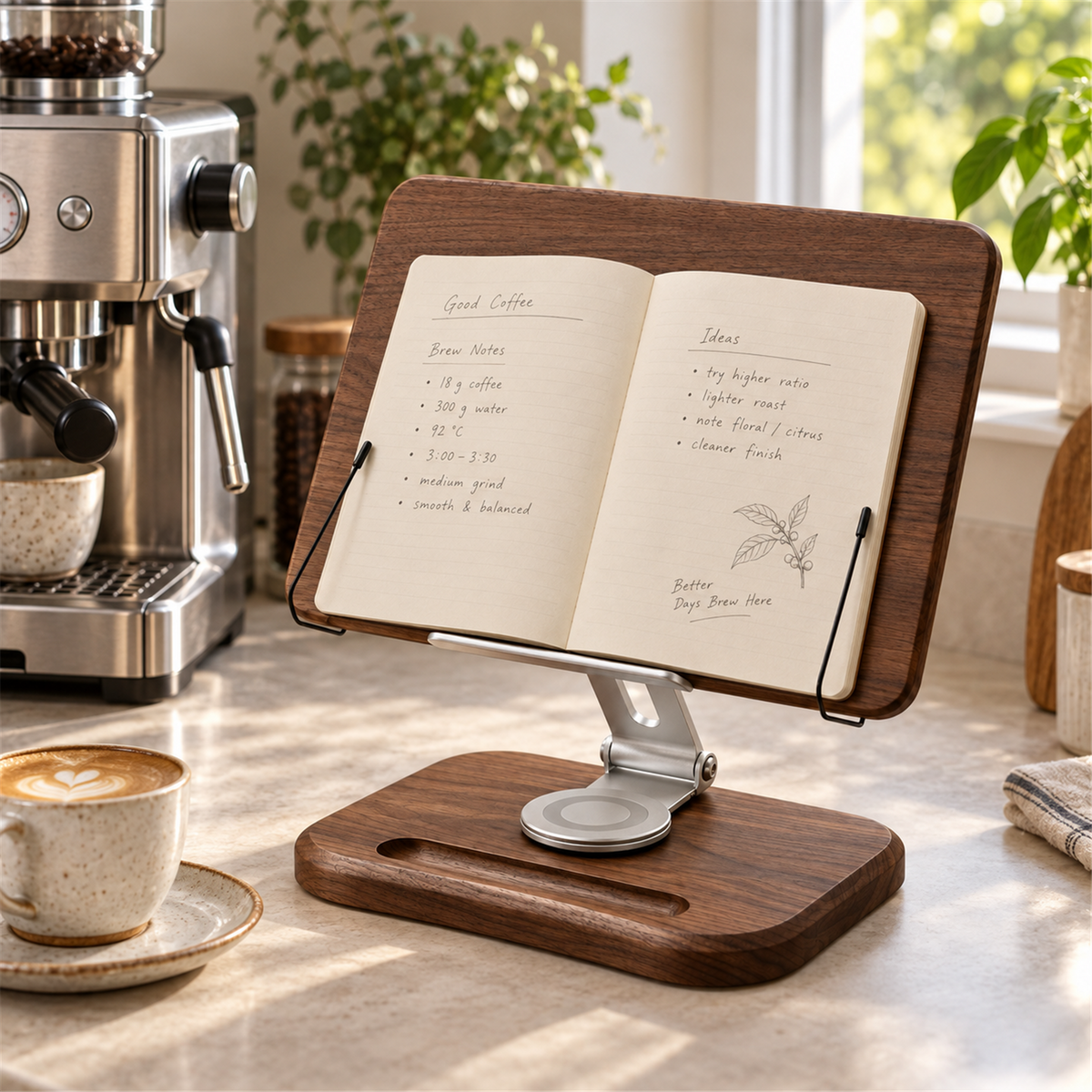 Walnut book stand holding an open coffee recipe notebook beside an espresso machine