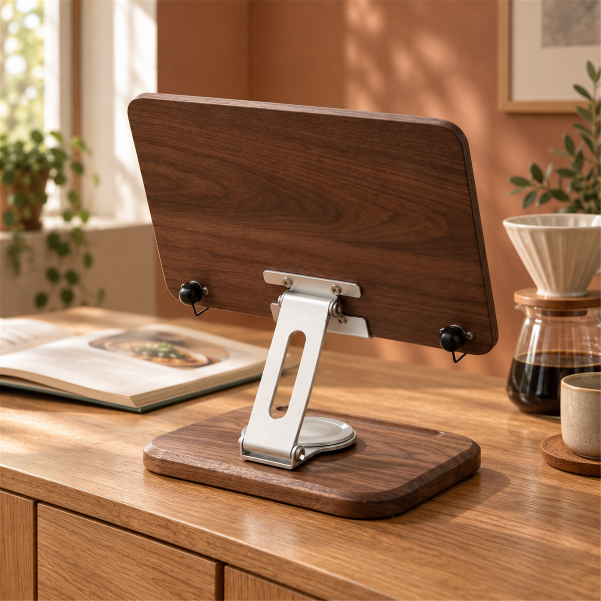 Rear view of the walnut recipe stand showing its aluminum support arm on a coffee sideboard