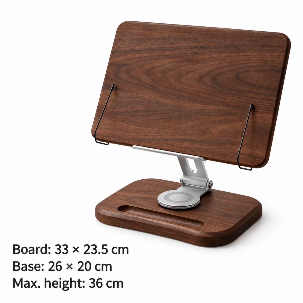 Recipe stand dimensions: board 33 by 23.5 cm, base 26 by 20 cm, maximum height 36 cm