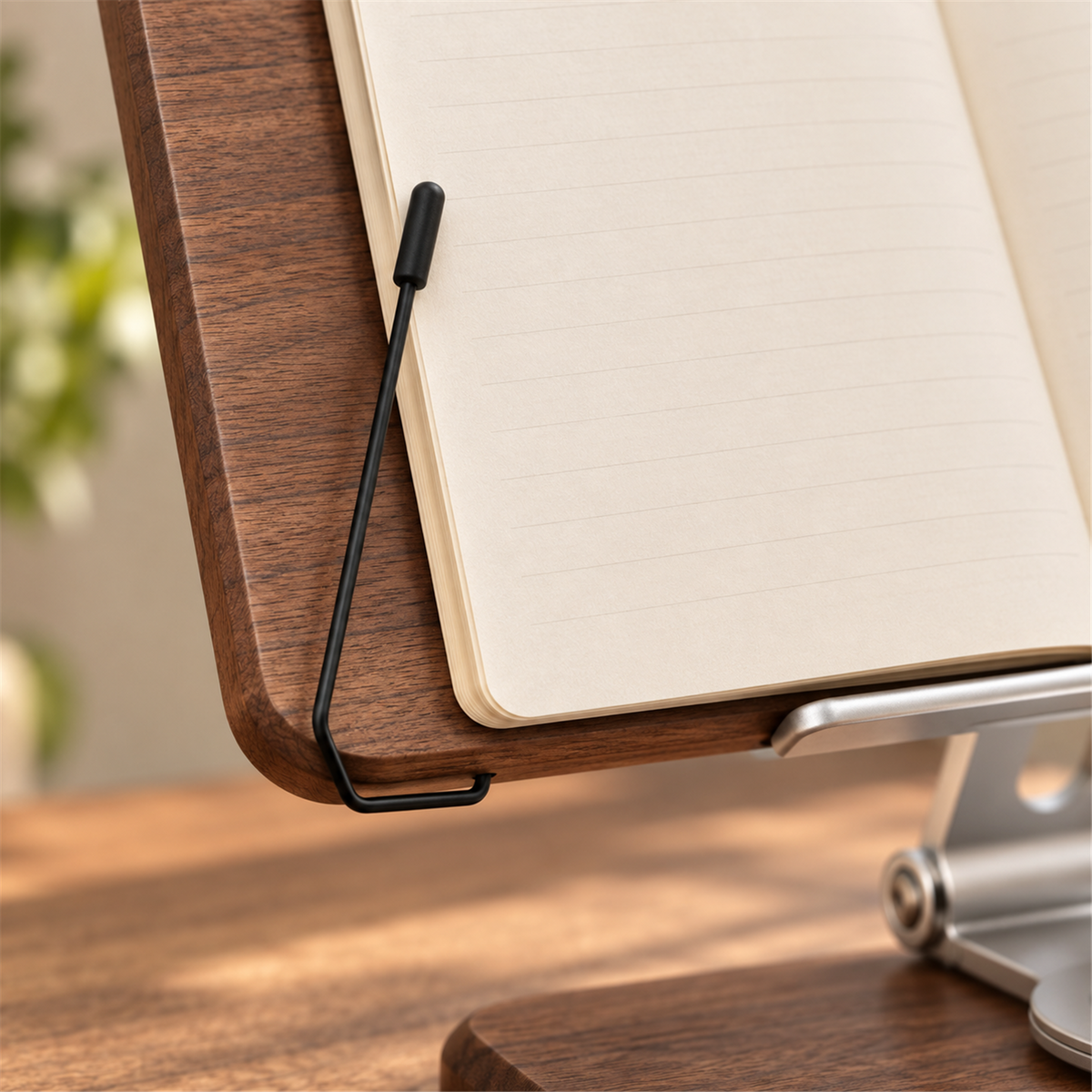 Close-up of the black wire page holder and rounded walnut reading board