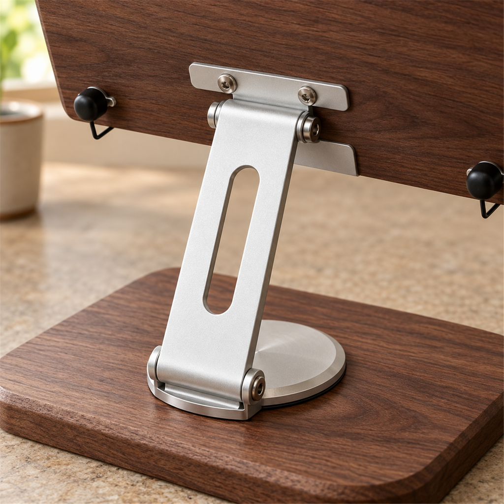 Detail of the aluminum hinge arm and silver swivel base on the walnut book stand