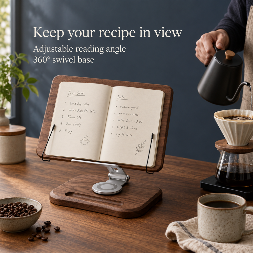 Walnut recipe book stand in use during pour-over coffee preparation, with adjustable angle and swivel base