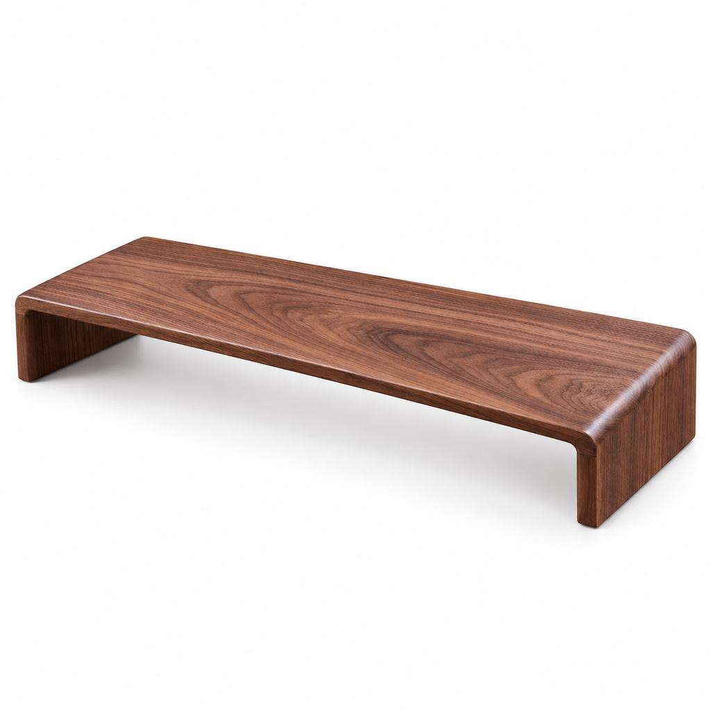 Solid black walnut low countertop coffee display shelf on a white background
