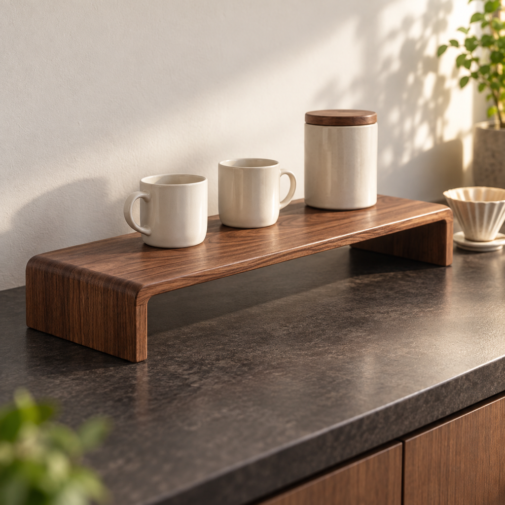 Left-side view of the walnut coffee shelf with mugs and a canister on a dark counter