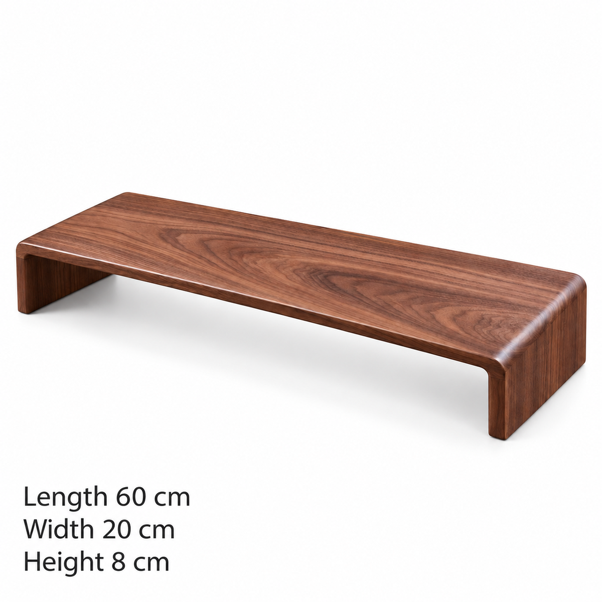 Walnut coffee display shelf measuring 60 cm long, 20 cm wide and 8 cm high