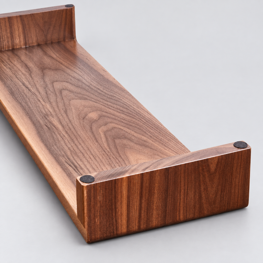 Underside view of the walnut riser showing the end support and circular protective pads