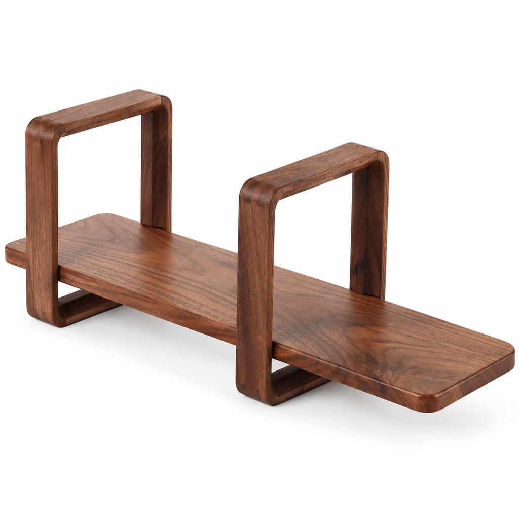 Solid walnut open-frame countertop coffee shelf with two rectangular supports on a white background