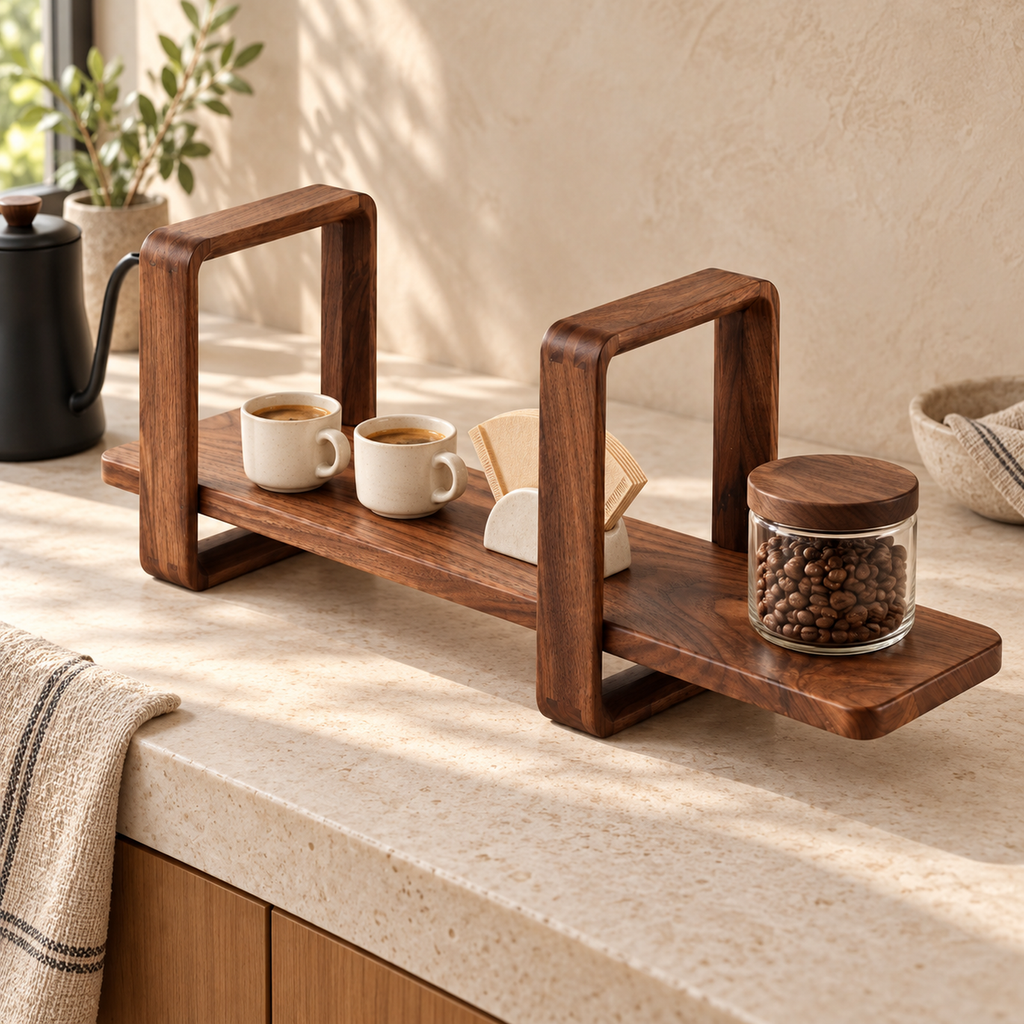 Walnut open-frame shelf holding espresso cups, filters and a bean jar on a bright coffee counter