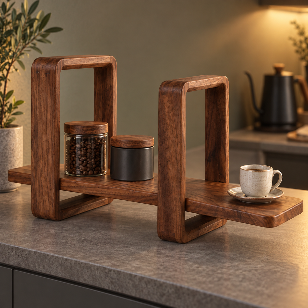 Low-angle view of the walnut shelf displaying small coffee canisters and an espresso cup