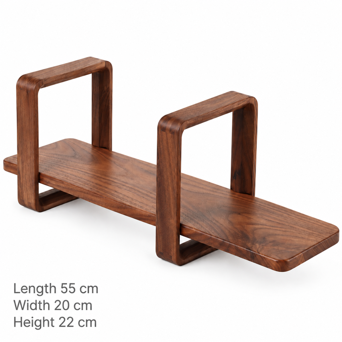 Walnut open-frame coffee shelf measuring 55 cm long, 20 cm wide and 22 cm high