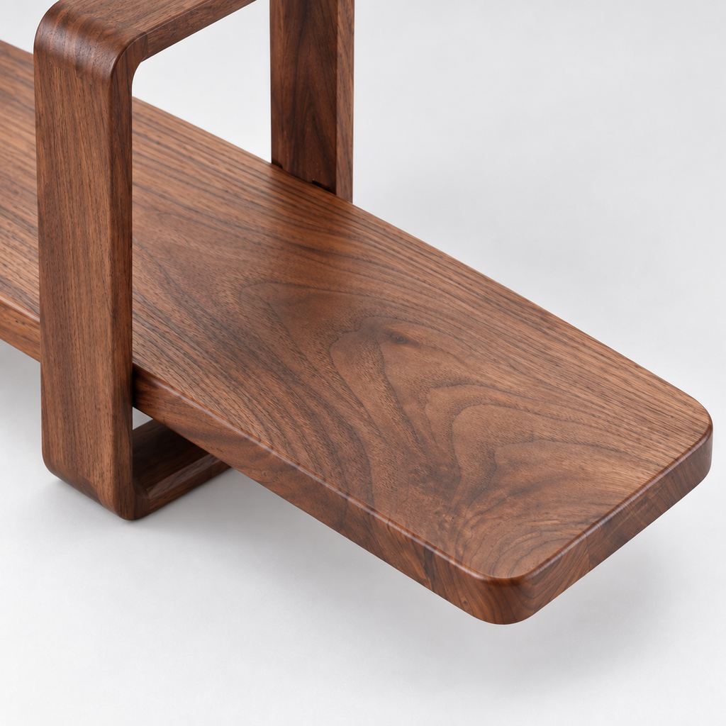 Detail of the walnut shelf board's rounded projecting end and natural grain