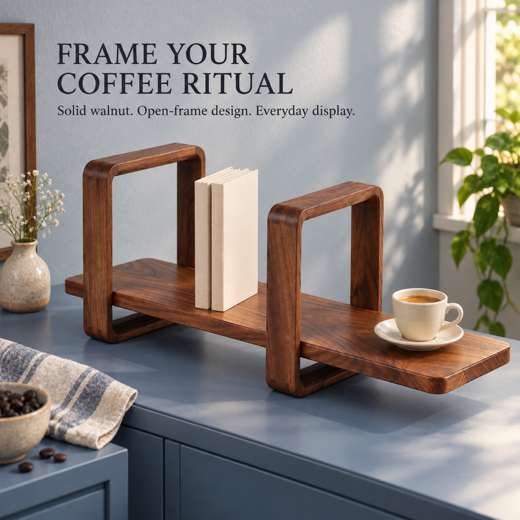Walnut open-frame shelf with coffee recipe notebooks and an espresso cup on a blue sideboard