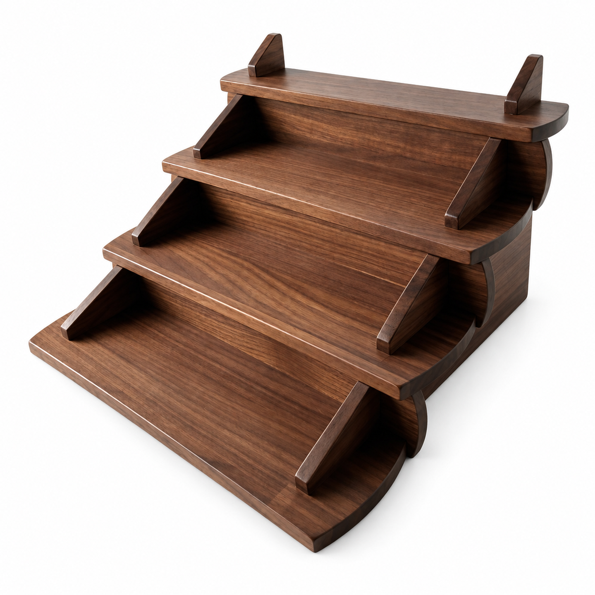 Solid black walnut four-step countertop coffee display shelf on a white background