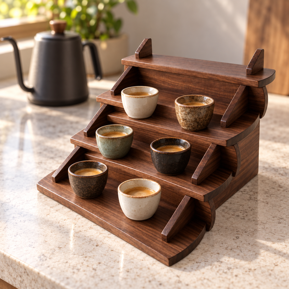 Four-step walnut coffee cup shelf with small tasting cups on a light countertop
