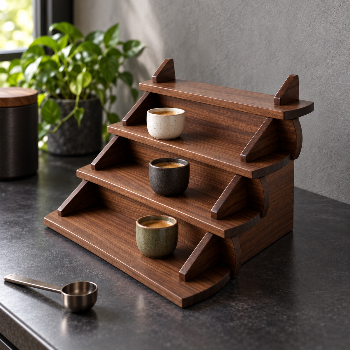 Alternate view of the walnut stepped cup display in a dark coffee bar setting