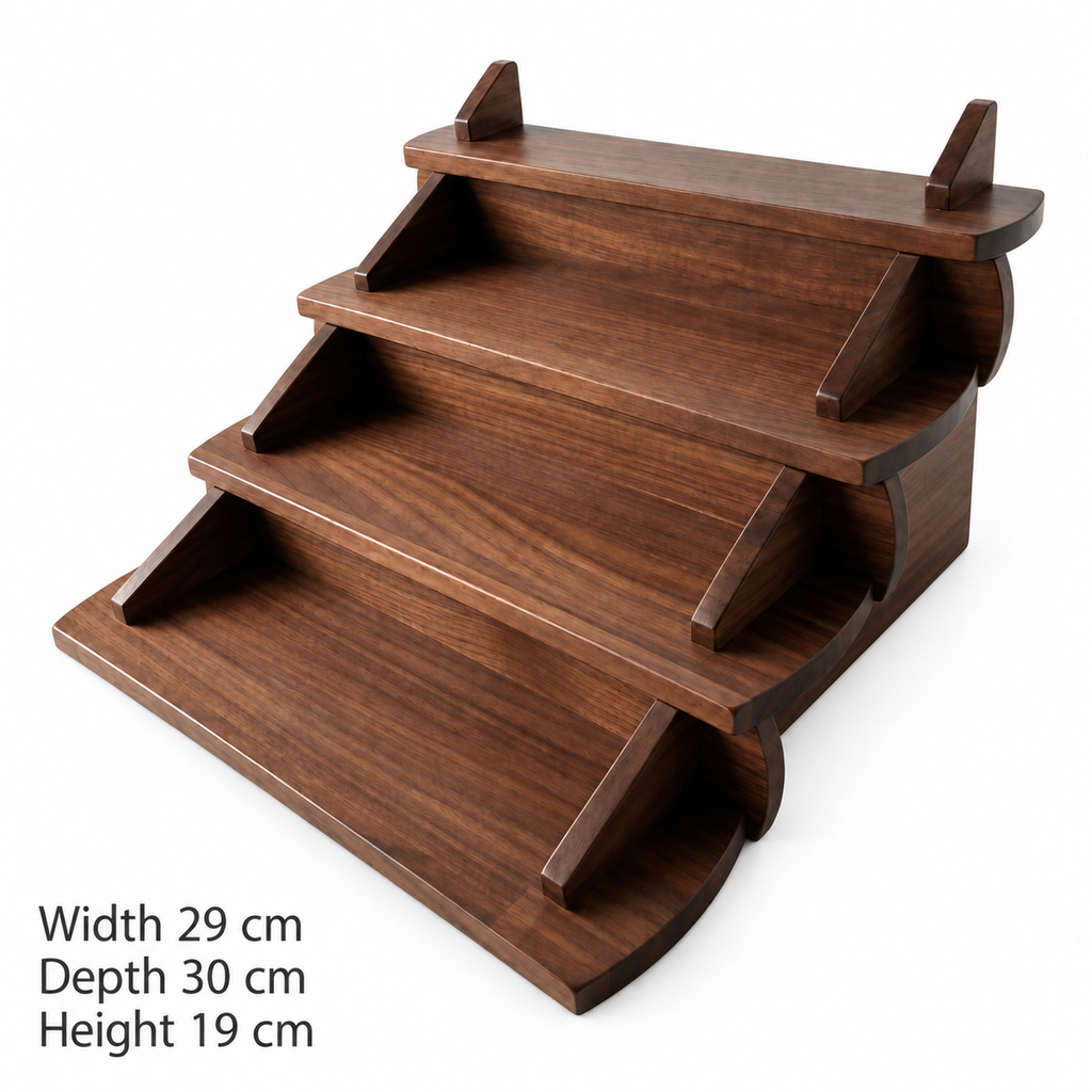 Walnut four-step display shelf dimensions: 29 cm wide, 30 cm deep and 19 cm high