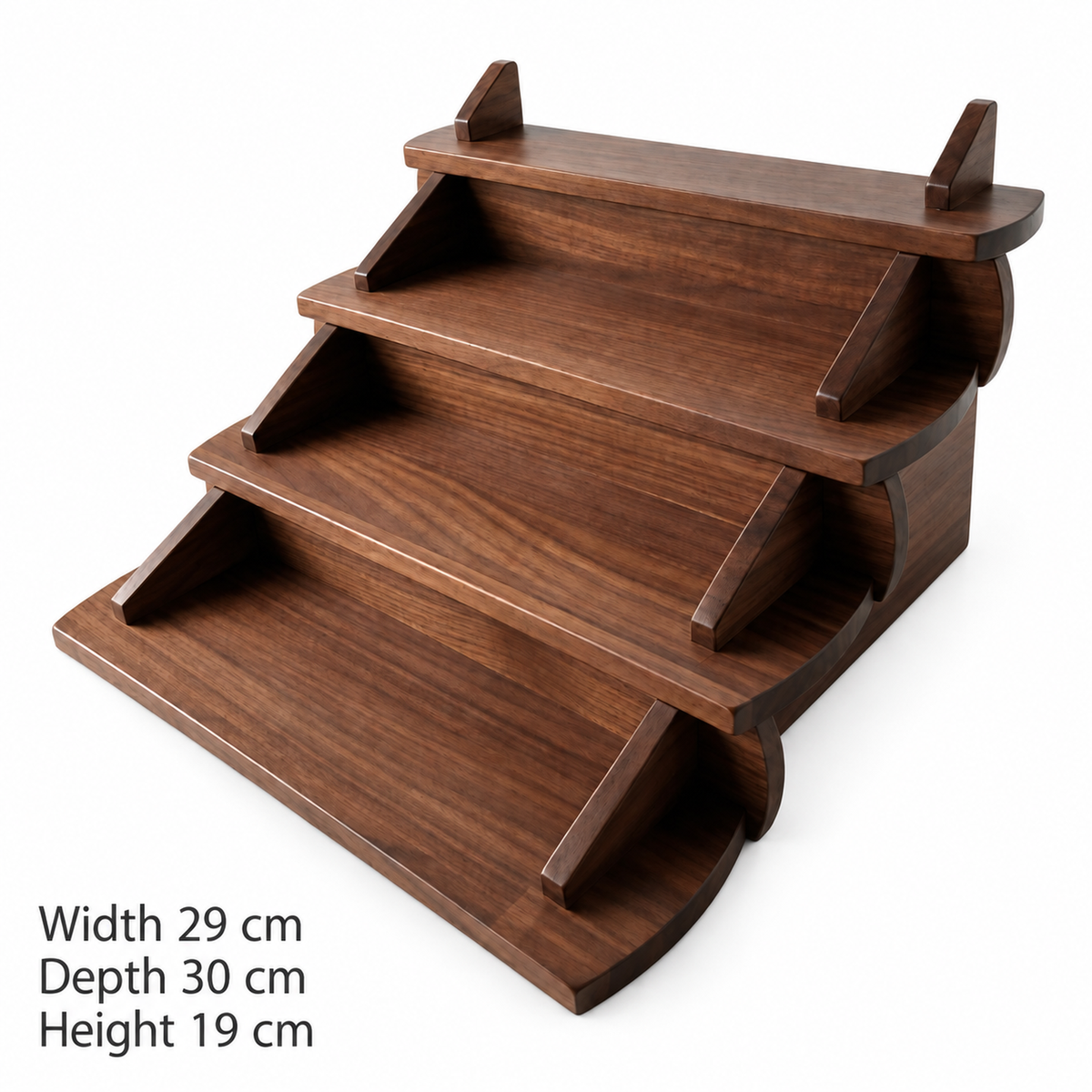 Walnut four-step display shelf dimensions: 29 cm wide, 30 cm deep and 19 cm high