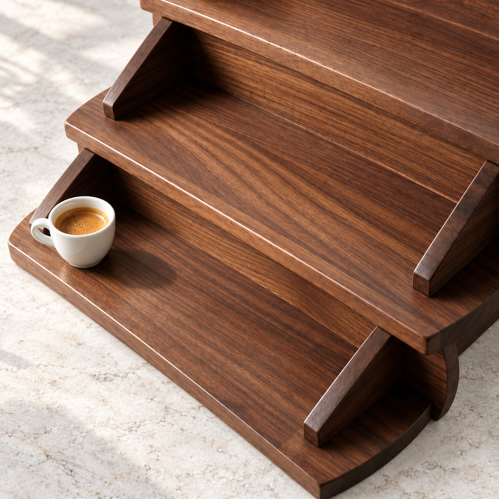 Oil-wax walnut grain and rounded step edges with a small espresso cup