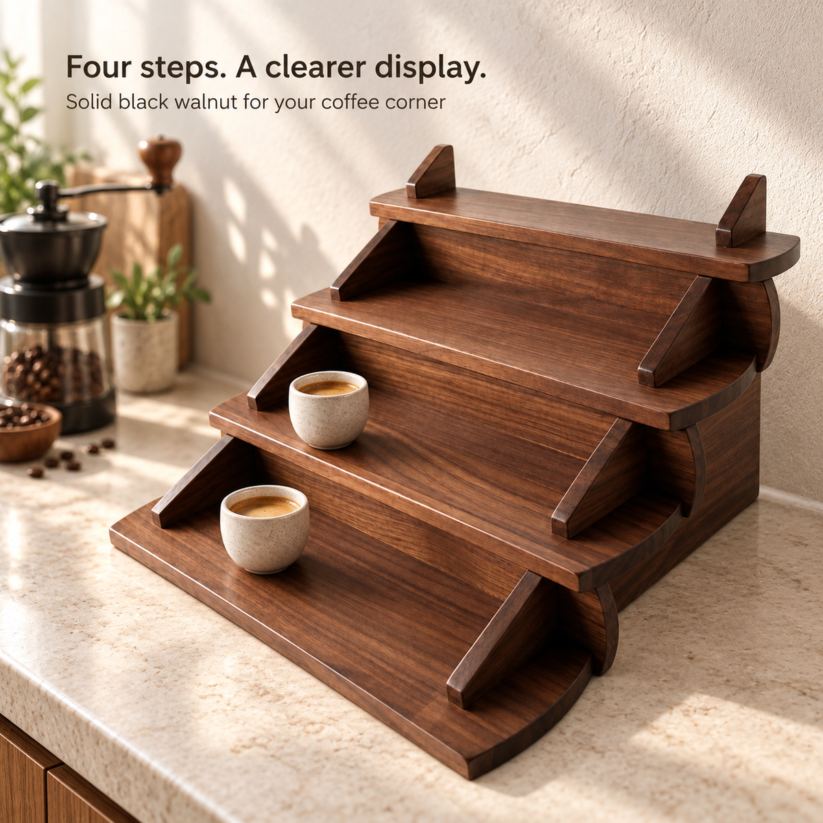 Four stepped levels on a solid walnut espresso cup display in a sunlit coffee corner
