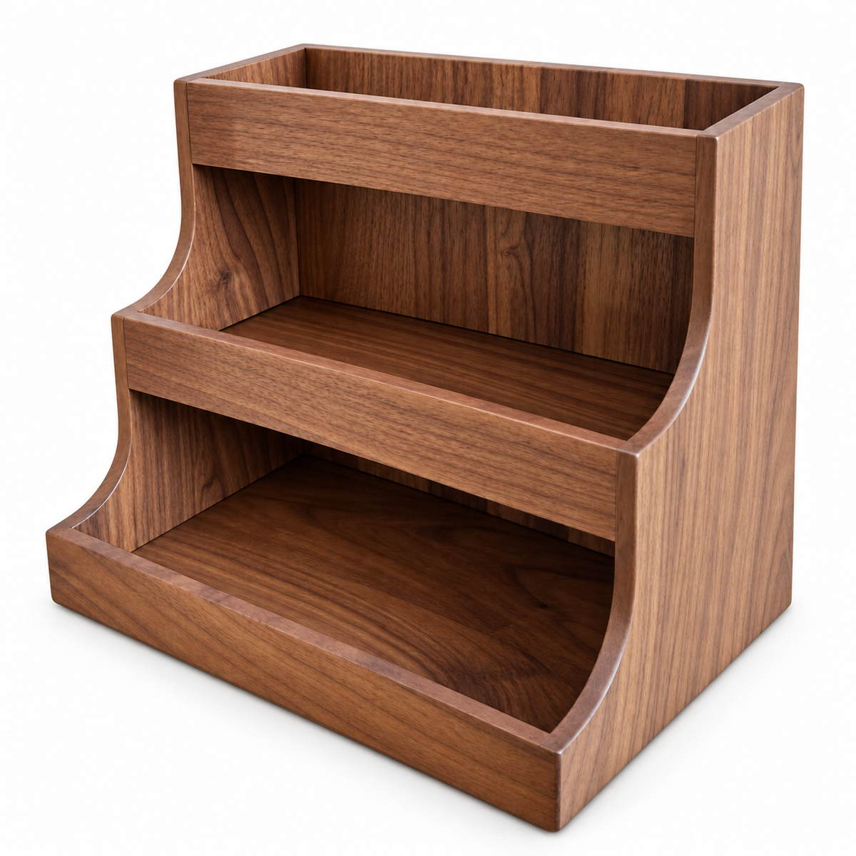 Solid black walnut three-tier countertop coffee organizer on white background